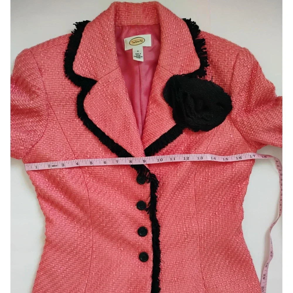 Talbots Skirt Suit Women 4 Coral Black Tweed Fringe Rosette Blazer Pencil Skirt